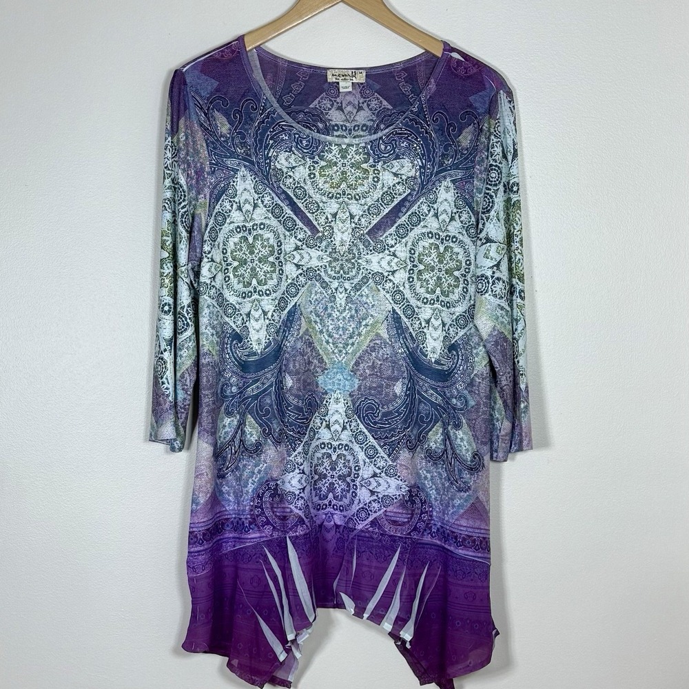One World Womens Embellished Boho Tunic Top Size M Purple Asymmetrical Hem Fairy